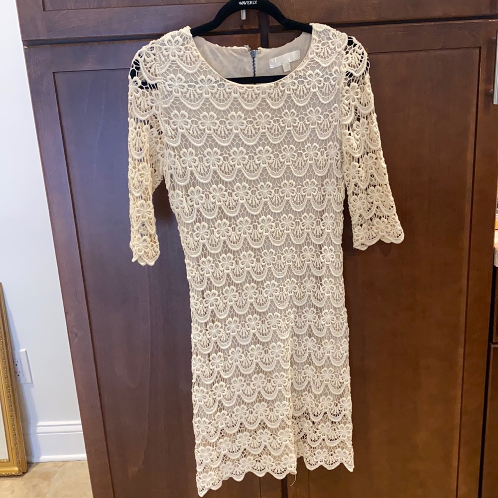 Cream lace midi dress with exposed zipper